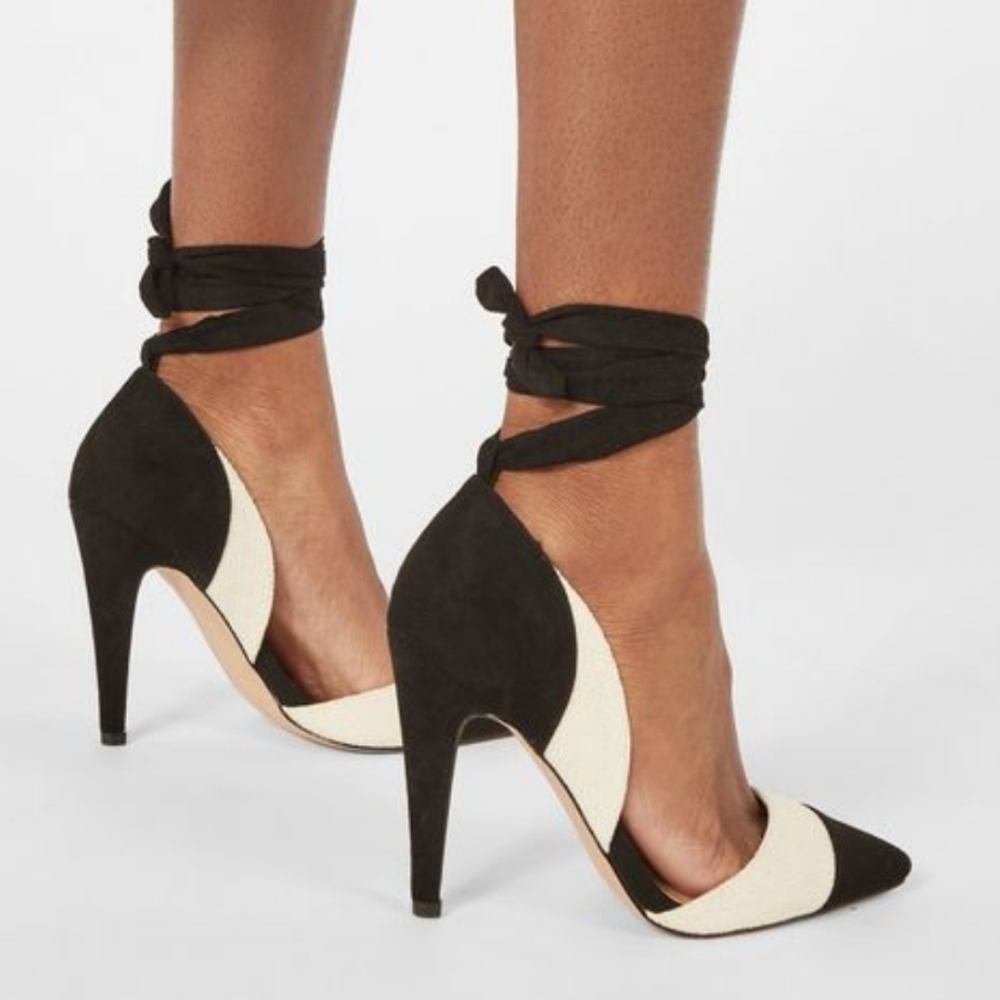 Women's JustFab Reign Check Tie Ankle Black Cream Two Tone Pumps Sz 6